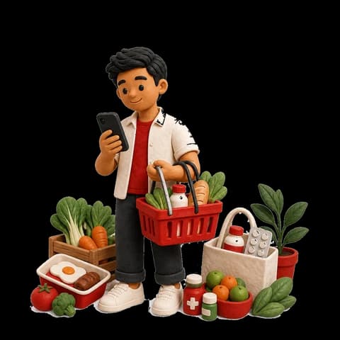 A customer with a basket of groceries and food from local stores