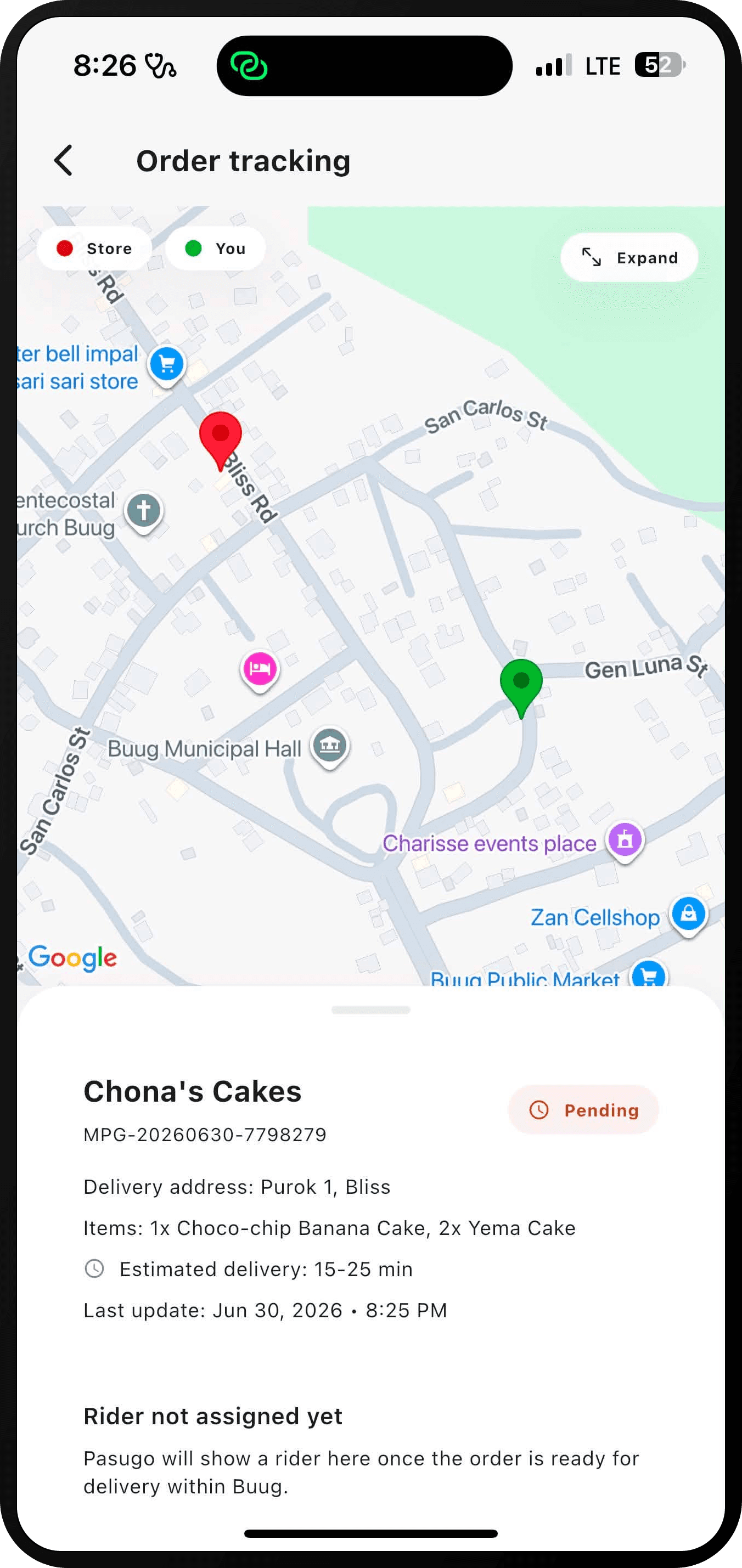PASUGO live order tracking screen with a map of Buug, store and customer pins, and order status.