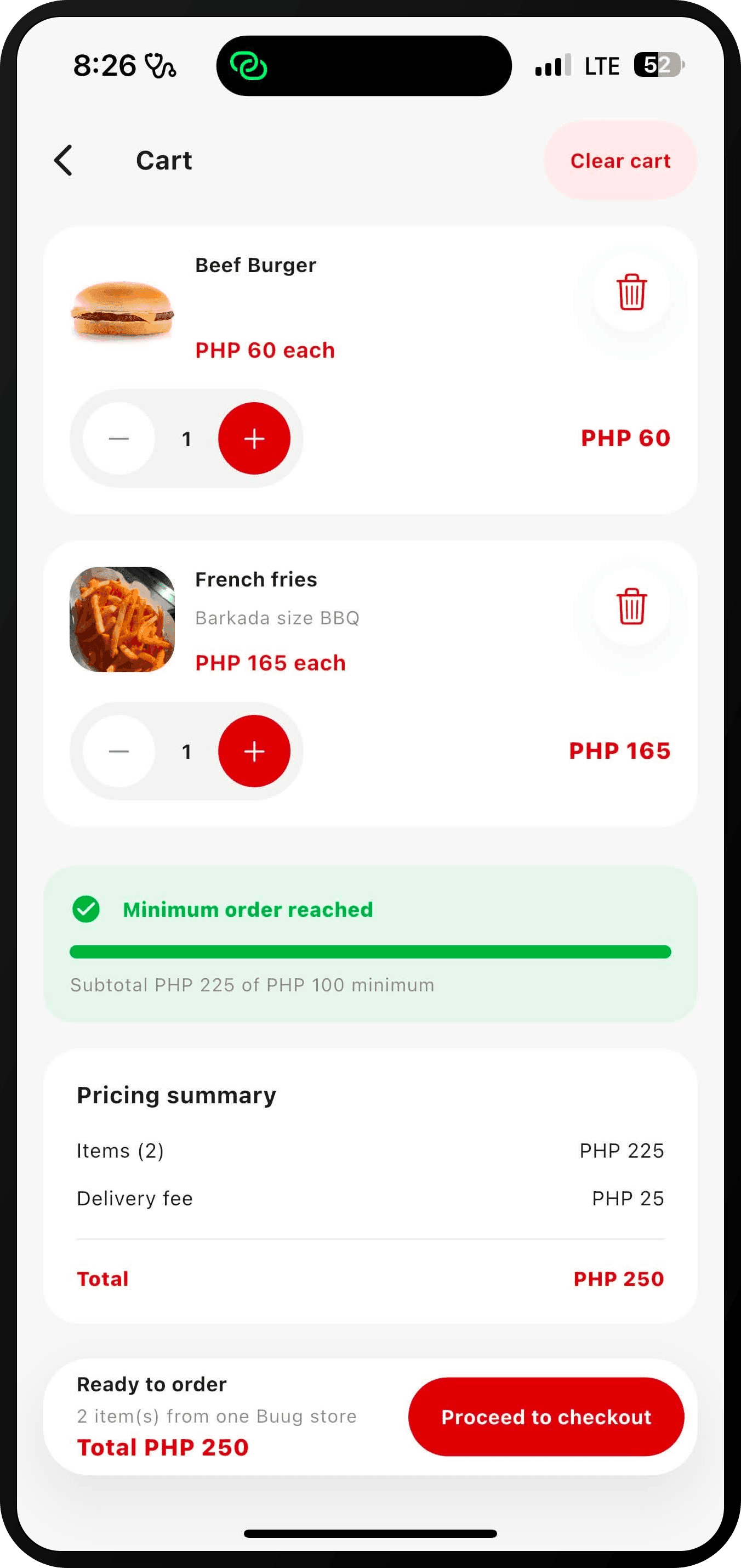 PASUGO cart screen listing items with quantity steppers, a minimum-order bar, and a price summary.