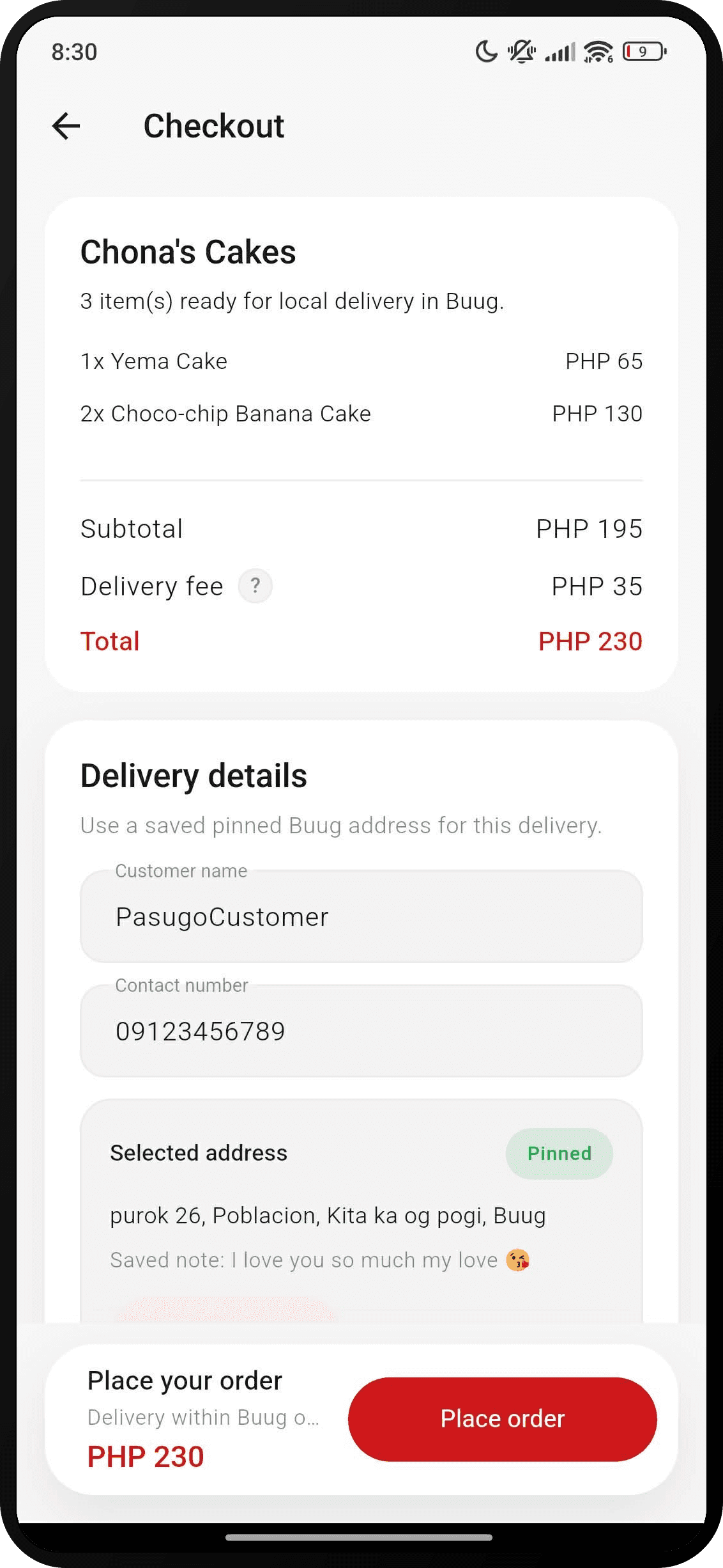 PASUGO checkout screen with order summary, delivery details, a pinned address, and a place-order button.