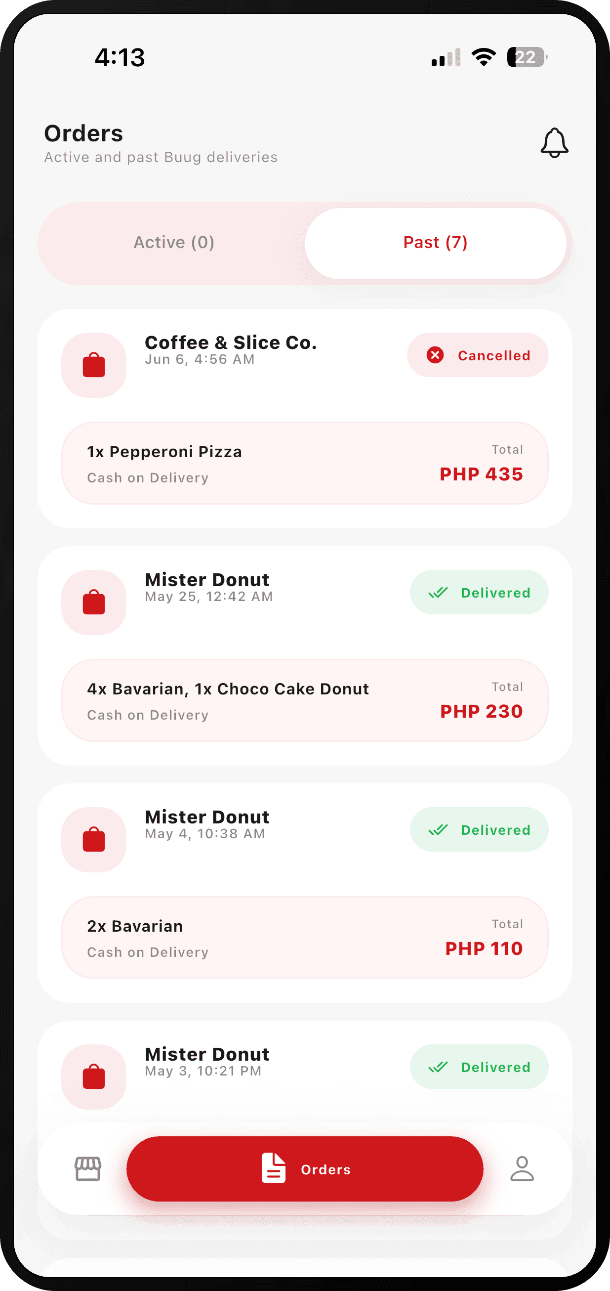PASUGO Orders screen with Active and Past tabs listing deliveries, status badges, and totals.