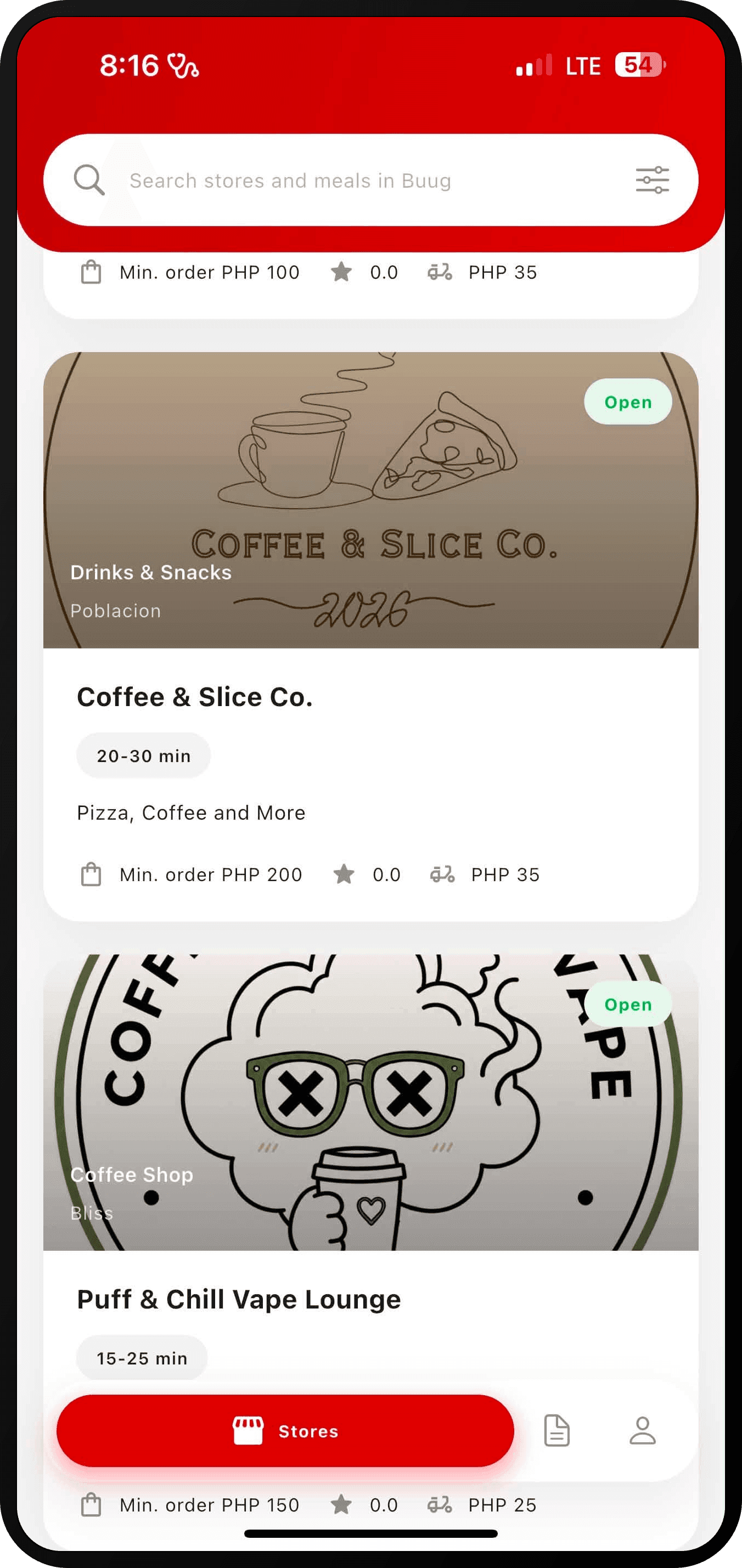 PASUGO store results showing Buug merchants with cover photos, ratings, prep times, and delivery fees.